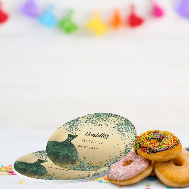 Sweet 16 emerald green dress gold paper plates (Creator Uploaded)