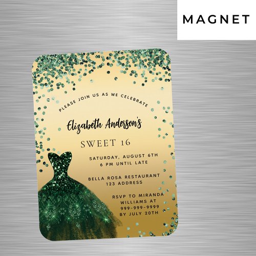 Sweet 16 emerald green dress luxury invitation magnet