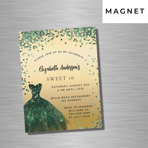 Sweet 16 emerald green dress luxury party magnetic invitation