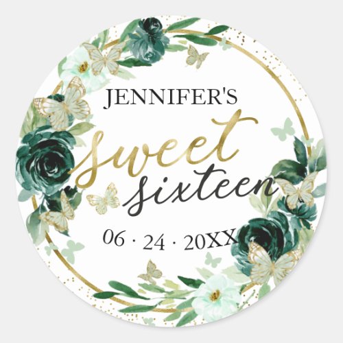 Sweet 16 Emerald Green Floral Butterfly  Classic Round Sticker
