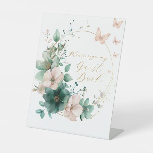 Sweet 16 Emerald Green Floral Thank You Cards Pedestal Sign