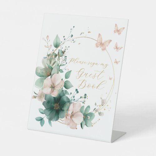 Sweet 16 Emerald Green Floral Thank You Cards Pedestal Sign