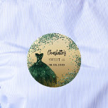 Sweet 16 emerald green gold dress button<br><div class="desc">For an elegant Sweet 16,  16th birthday.  A faux gold looking background. Decorated with an emerald green dress and green confetti. Personalize and add a name and a date.</div>