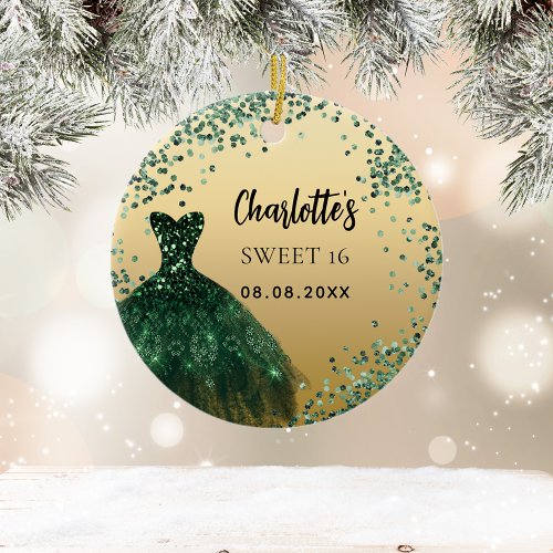 Sweet 16 emerald green gold dress ceramic ornament