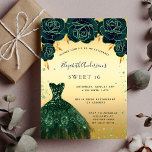 Sweet 16 emerald green gold dress floral invitation<br><div class="desc">A modern,  stylish and glamorous invitation for a Sweet 16,  16th birthday party.  A faux gold background with green faux glitter dust,  an emerald green dress and green roses,  florals.  The name is written with a modern hand lettered style script.  Personalize and add your party details.</div>