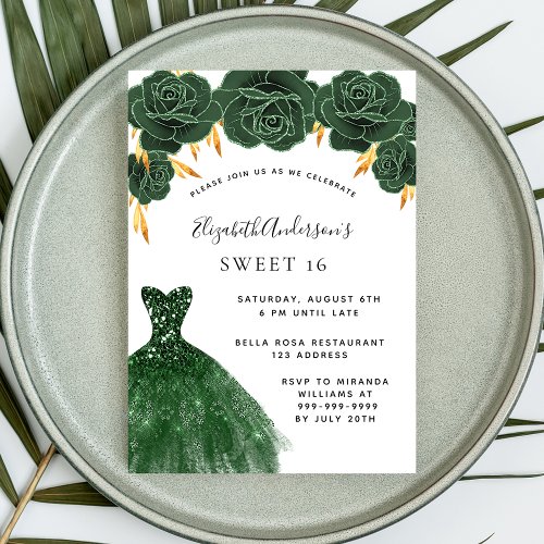 Sweet 16 emerald green gold dress floral invitation postcard