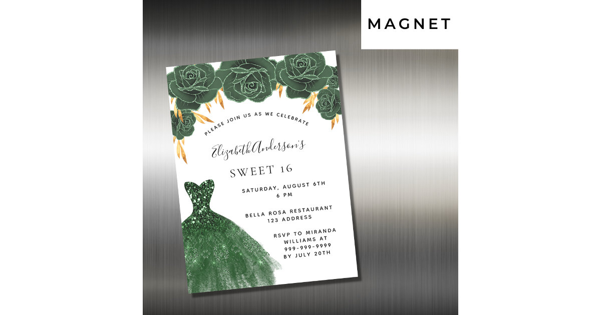 Emerald Green & Gold With Dress Invitations 5 x 7 Cardstock