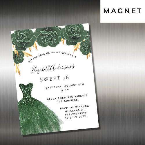 Sweet 16 emerald green gold dress floral luxury magnetic invitation
