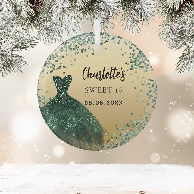 Sweet 16 emerald green gold dress glass ornament (Creator Uploaded)