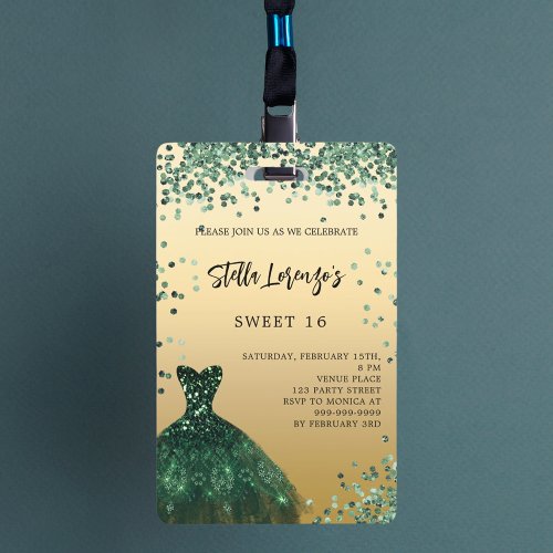 Sweet 16 emerald green gold dress invitation badge