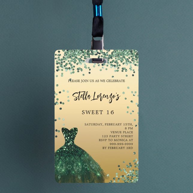 Sweet 16 emerald green gold dress invitation badge (Creator Uploaded)