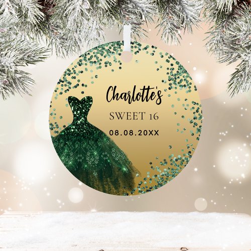 Sweet 16 emerald green gold dress metal ornament