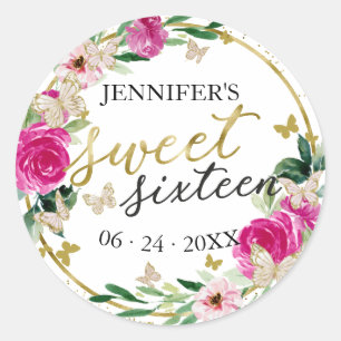 Sweet 16 Emerald Hot Pink Gold Floral Butterfly Classic Round Sticker