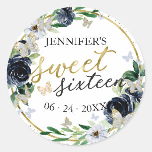 Sweet 16 Emerald Navy Blue Floral Butterfly Classic Round Sticker