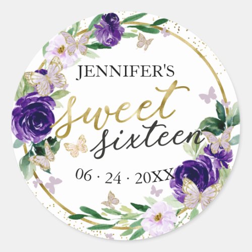 Sweet 16 Emerald Purple Floral Butterfly Classic Round Sticker
