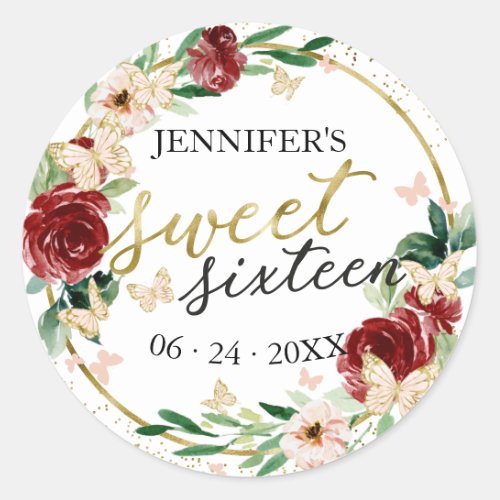 Sweet 16 Emerald Red Gold Floral Butterfly Classic Round Sticker