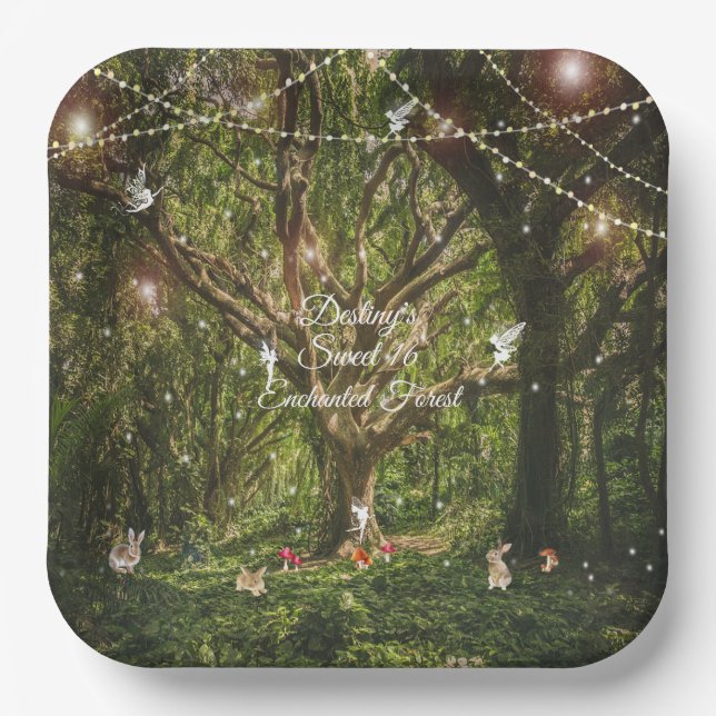 Sweet 16 Enchanted Forest Bunnies Fairies Lights  Paper Plates (Front)