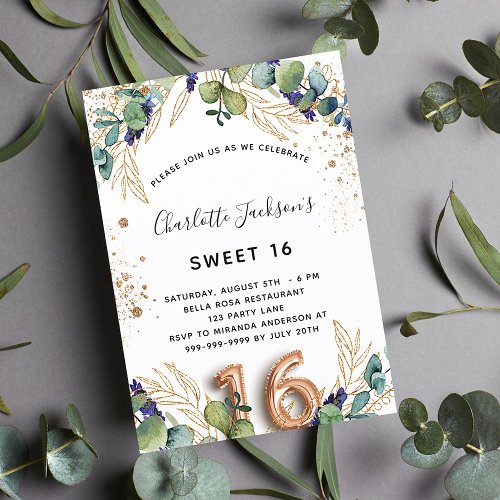 Sweet 16 eucalyptus greenery glitter elegant invitation