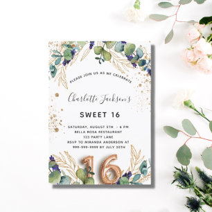 Sweet 16 eucalyptus greenery glitter elegant invitation postcard