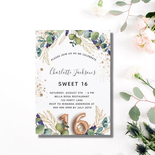 Sweet 16 eucalyptus greenery glitter elegant  invitation postcard