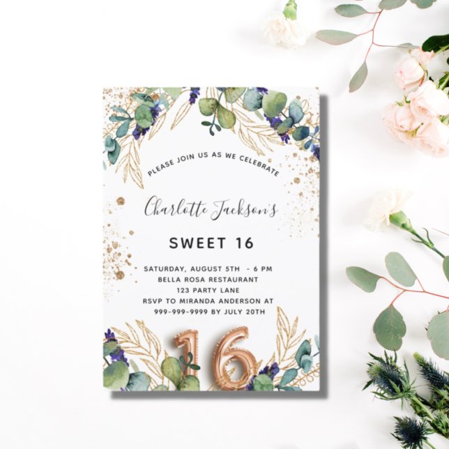 Sweet 16 eucalyptus greenery glitter elegant  invitation postcard (Creator Uploaded)