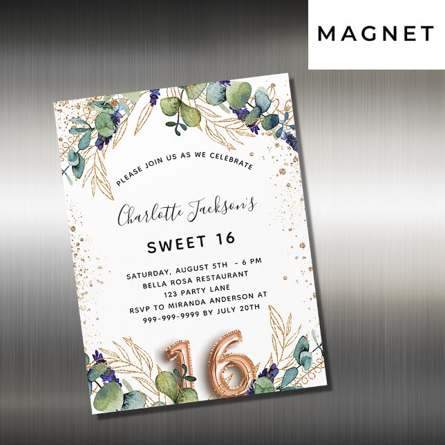 Sweet 16 eucalyptus greenery glitter luxury magnetic invitation (Creator Uploaded)