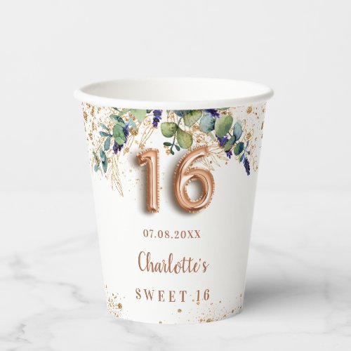 Sweet 16 eucalyptus greenery glitter monogram paper cups