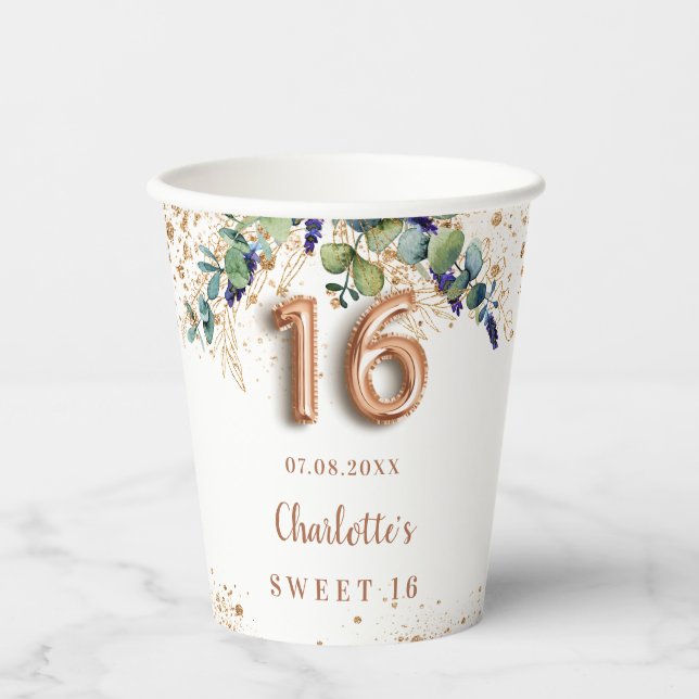 Sweet 16 eucalyptus greenery glitter monogram paper cups (Front)