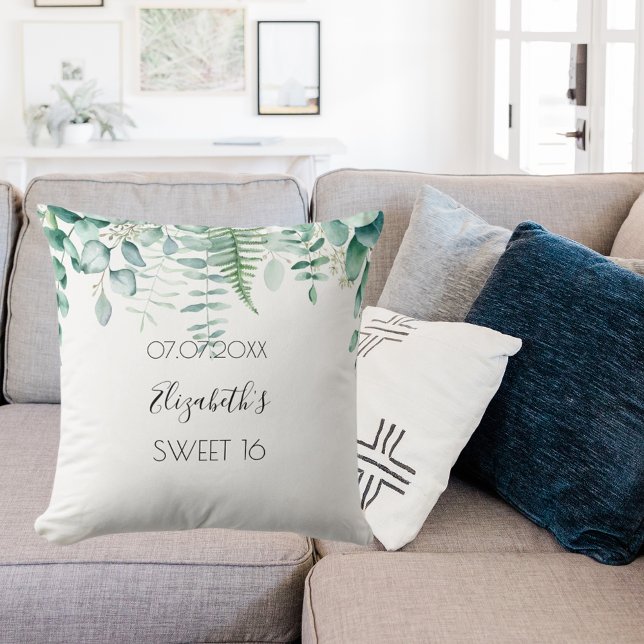 Sweet 16 eucalyptus greenery name elegant throw pillow (Creator Uploaded)