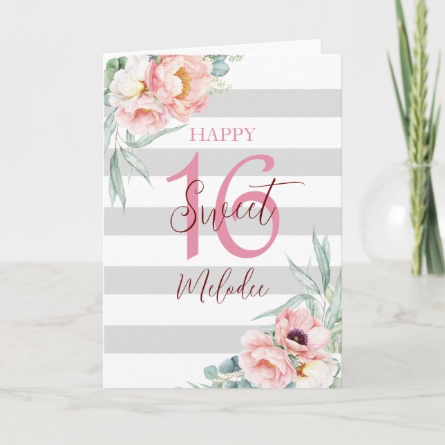 Sweet 16 Eucalyptus Peonies birthday card (Front)