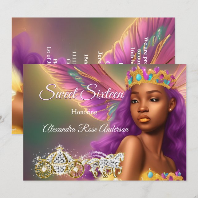 Sweet 16 Fairytale Purple Pink Gold Carriage  Invitation (Front/Back)