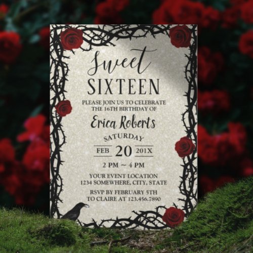 Sweet 16 Fairytale Red Rose  Thorn Modern Glitter Invitation