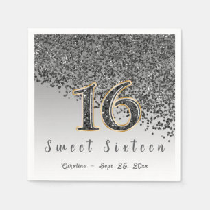 Sweet 16 Falling Black Glitter & Monogram Napkins
