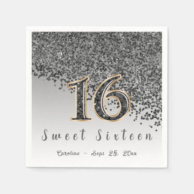 Sweet 16 Falling Black Glitter & Monogram Napkins (Front)