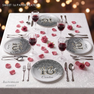 Sweet 16 Falling Black Glitter & Monogram Paper Plates
