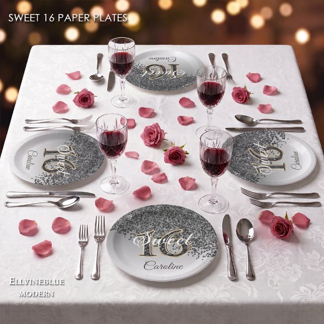 Sweet 16 Falling Black Glitter & Monogram Paper Plates (Sweet 16 black glitter celebration! 7” round paper plates. Visit the Noir Fragrance Collection!)