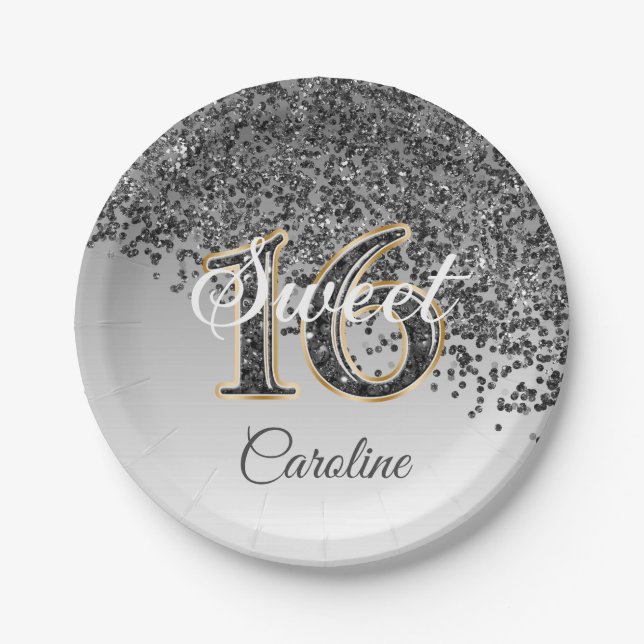 Sweet 16 Falling Black Glitter & Monogram Paper Plates (Front)