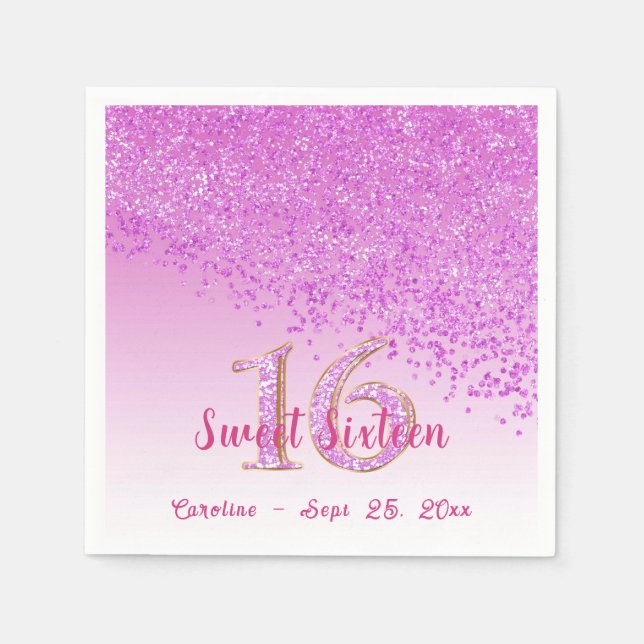 Sweet 16 Falling Pink Glitter & Monogram Napkins (Front)