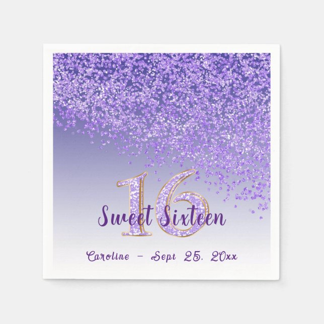 Sweet 16 Falling Purple Glitter & Monogram Napkins (Front)