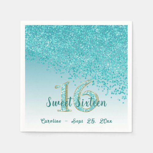 Sweet 16 Falling Teal Blue Glitter  Monogram Napkins