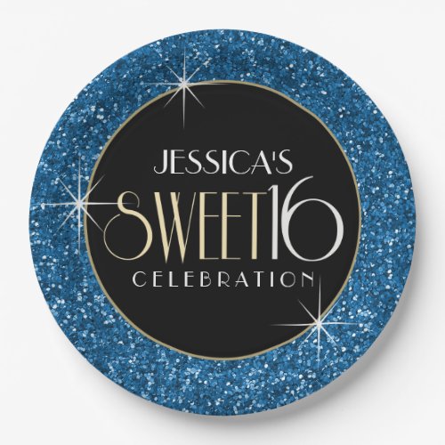 Sweet 16 Faux Blue Glitter Paper Plates