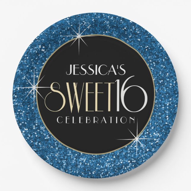 Sweet 16 Faux Blue Glitter Paper Plates (Front)