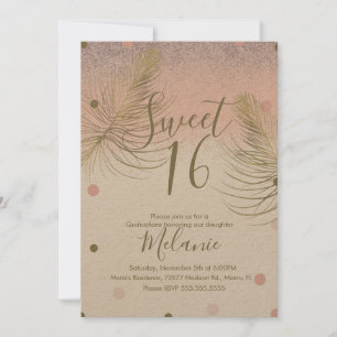 Sweet 16 Faux Glitter Dots Gold Feather Pink Kraft Invitation