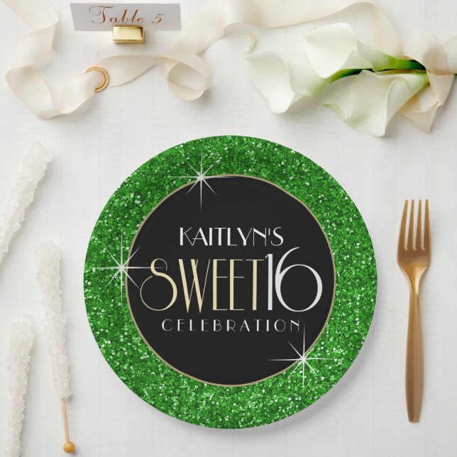 Sweet 16 Faux Green Glitter Paper Plates (Wedding)