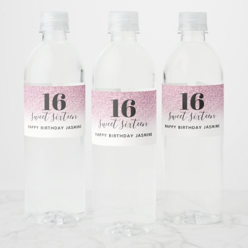 Sweet 16 Faux Hot Pink Glitter Birthday   Water Bottle Label