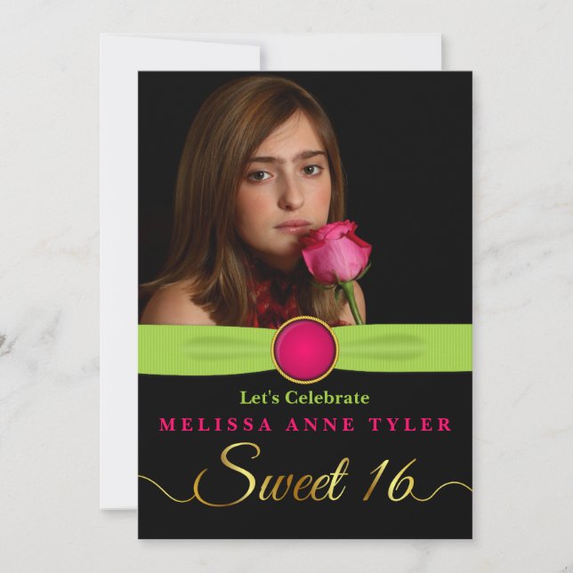 Sweet 16 Faux Jewel and Ribbon Photo Invitation (Front)