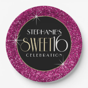 Sweet 16 Faux Pink Glitter Paper Plates