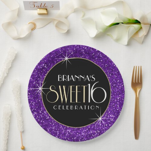 Sweet 16 Faux Purple Glitter Paper Plates