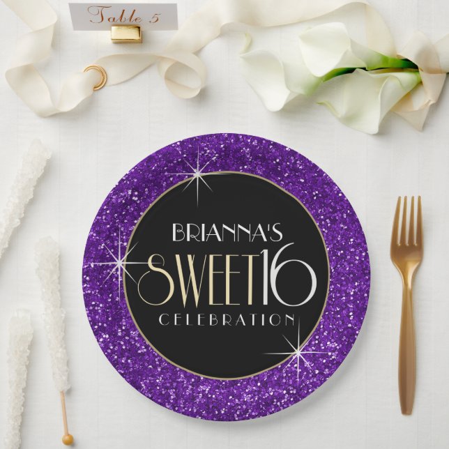 Sweet 16 Faux Purple Glitter Paper Plates (Wedding)