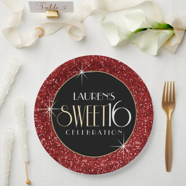 Sweet 16 Faux Red Glitter Paper Plates (Wedding)